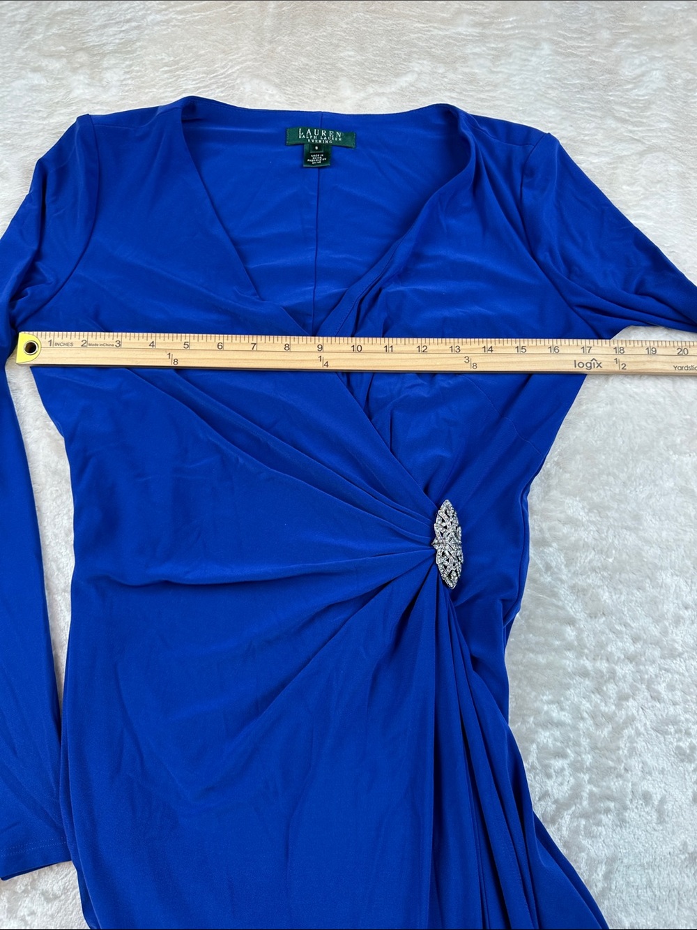 Lauren Ralph Lauren Evening Gown 8 Blue Rhinestone Brooch Jersey Maxi Dress - Picture 5 of 8